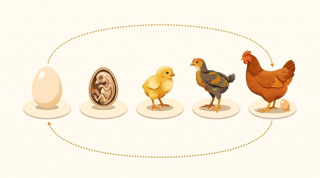 Cycle de vie de la poule, de l'œuf à la poule adulte en passant par l'embryon, le poussin et la poulette