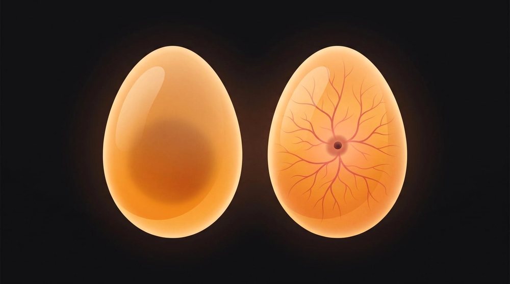 Comparaison au mire-œuf entre un œuf non fécondé resté clair et un œuf fécondé montrant des vaisseaux sanguins en étoile